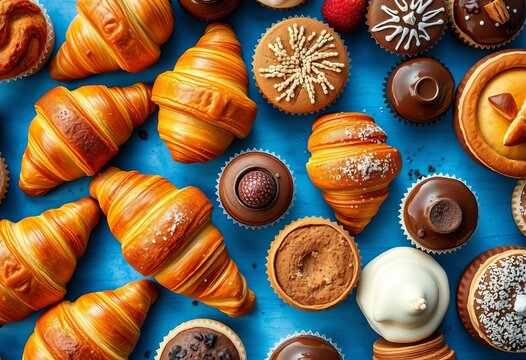 A tempting array of croissants, muffins, and &eacute;clairs,  culinary,  brown