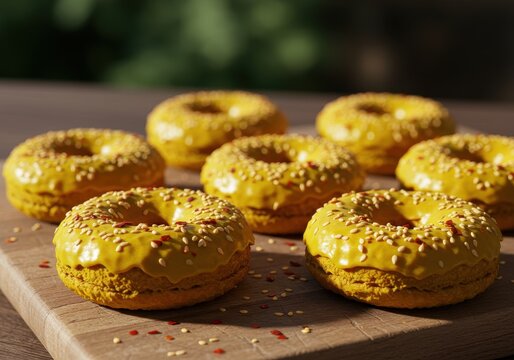 Freshly Baked Yellow Donuts with Glaze and Sesame Seeds on Wooden Board in Natural Light
