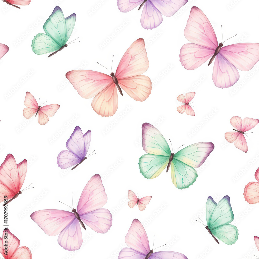 Poster Delicate Butterfly Pattern Design Featuring Pastel Colored Butterflies on a White Background Creating a Whimsical and Serene Aesthetic for Various Creative Projects