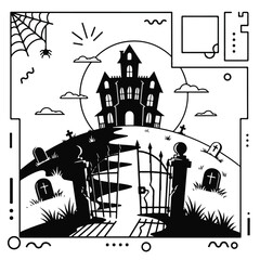 Fototapeta premium Halloween haunted house illustration with graveyard and gate.