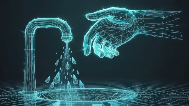 Holographic Faucet and Hand: A futuristic illustration of a faucet pouring water towards a hand, capturing the essence of innovation, conservation, and technological advancements. - Powered by Adobe
