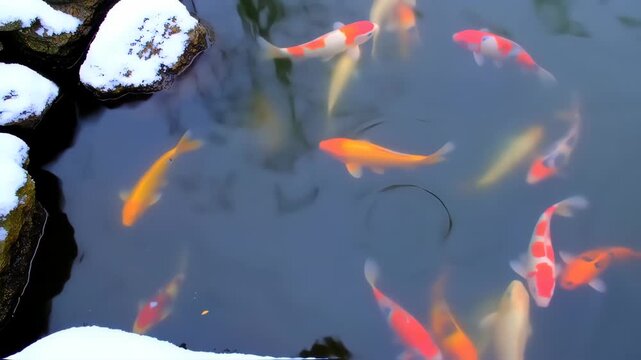 Colorful Koi Fish in a Snowy Pond