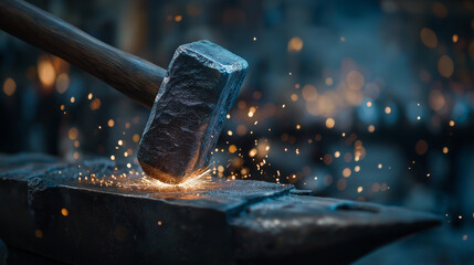 Blacksmith forging molten metal with sparks flying
