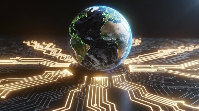 Global Connectivity: A digital Earth is surrounded by a network of intricately designed circuits. symbolizing the powerful link between our planet and the rapidly changing tech landscape