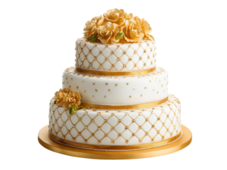 Elegant three tiered wedding cake gold accents, Isolated On White Background, Png Transparent