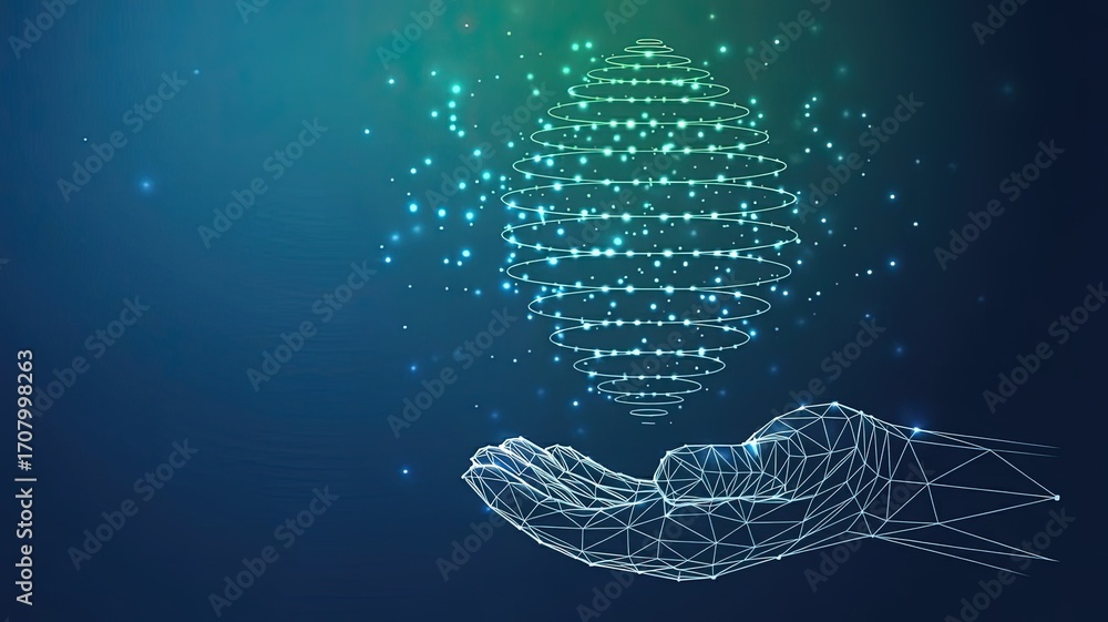 Poster Digital World in Hands: A 3D rendered image of a glowing sphere of interconnected data points rests gently in a supportive hand, symbolizing innovation, technology, and the digital world.
