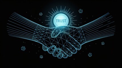 Digital Handshake of Trust: A graphic representation of two hands clasped in a handshake, symbolizing trust and agreement, illuminated with a bright circle indicating trust.
