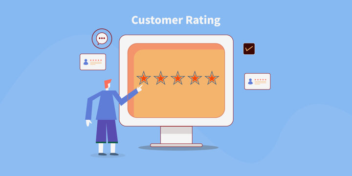 Customer provides star rating on computer screen, followed by feedback message and other reviews, building brand trust.