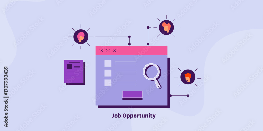 Poster online job portal showcases vacancy listing under magnifier, candidate cv and selecting suitable app