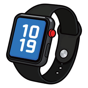 A cartoon illustration of a modern black smartwatch showing the time on a blue screen, a smart device.