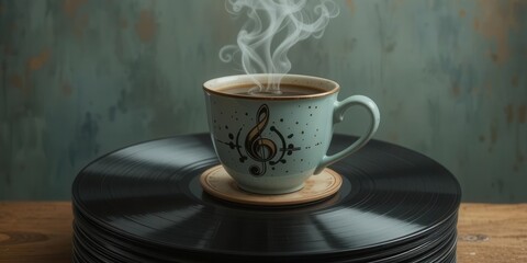 Old fashioned Coffee Cup with Steam Treble Clef on top of Vinyl Records