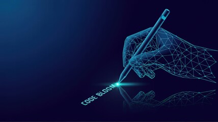 Digital Hand with Pen: A digital artistic rendering, showcasing a hand holding a pen, poised to write against a vibrant backdrop, possibly for coding purposes.