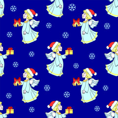 Cute little angels in Santa hat, with a gift box and bells on blue background. Vector Christmas illustration, seamless pattern.