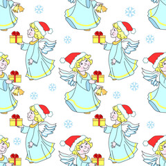 Cute little angels in Santa hat, with a gift box. Snowflakes background. Vector Christmas illustration, seamless pattern.