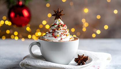 Festive Hot Chocolate with Whipped Cream Christmas Tree and Star Anise.