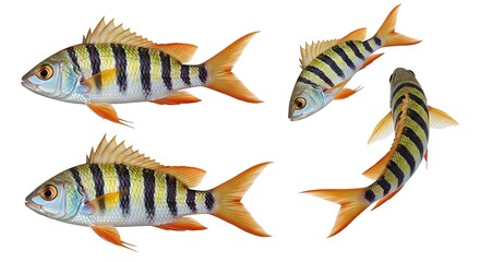 A collection of four striped perch fish isolated on a white background.