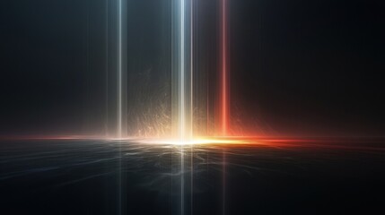 Abstract landscape with glowing beams of light radiating upward through a dark environment,