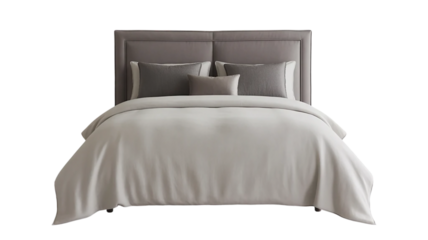 Cozy and luxurious, a comfortable double bed with a white comforter and pillows awaits in a modern bedroom interior