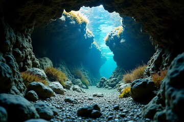 Sunlight streams into a submerged cave passage, showcasing underwater rock formations and aquatic vegetation.