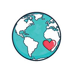 A cartoon globe illustration with a large red heart over Africa and South America, a symbol of global love and environment.