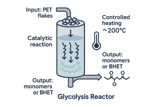Vector infographic depicting glycol-based PET recycling with catalytic reaction in heated reactor producing monomers for sustainable reuse.