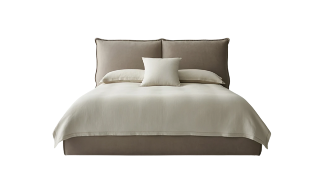 Cozy and luxurious, a comfortable double bed with a white comforter and pillows awaits in a modern bedroom interior