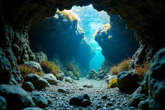 Sunlight streams into a submerged cave passage, showcasing underwater rock formations and aquatic vegetation. - Powered by Adobe
