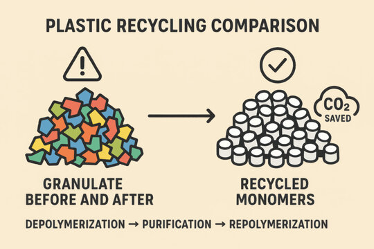 Vector comparison of plastic granulate before and after recycling via depolymerization, purification and repolymerization processes for sustainability.