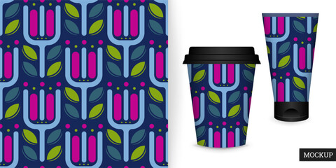 Seamless floral pattern with abstract tulips and leaves in bright pink, blue and green colors on a dark background. Vector design for printing on fabric, wallpaper, wrapping paper and textiles. Mockup
