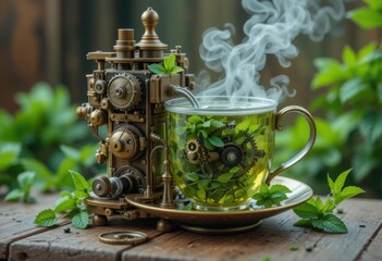 Victorian Mint Tea Machine  Steampunk Style, Cogs, Gears, Brass, Green Tea   Mint Aesthetic