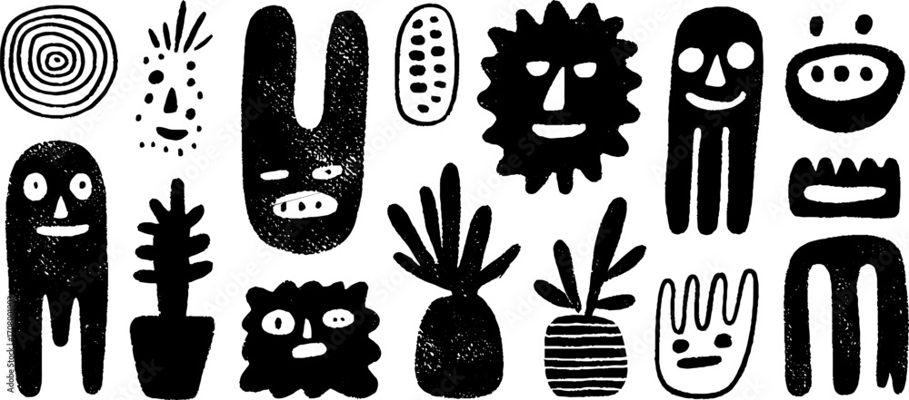 Aufkleber Whimsical abstract body and face set with twisted torso and elongated arm characters for creative design
