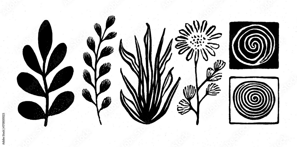 Aufkleber abstract botanic collection with stylized leaves and circular patterns for decorative design