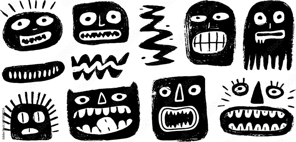Poster abstract emotional faces with twisted expressions and sad curves for creative design projects