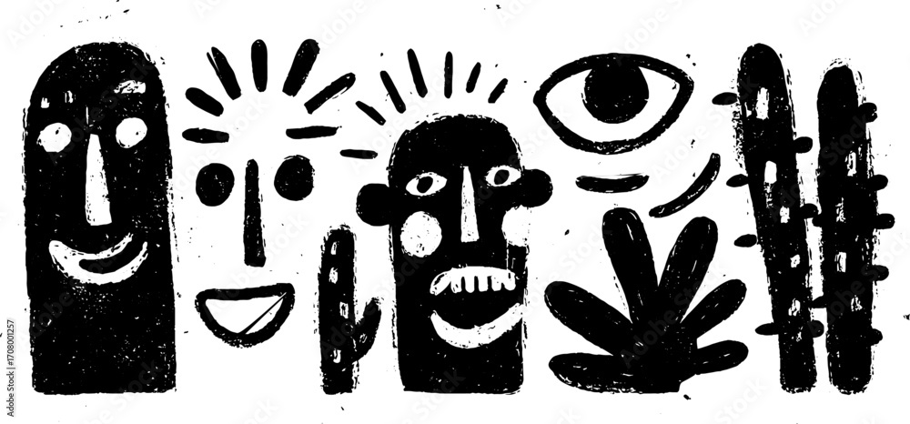 Poster abstract emotions set with smiling and sad faces in textured illustration for expressive design