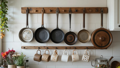 Kitchen wall display featuring various hanging cookware and mugs, showcasing a rustic, organized aesthetic.