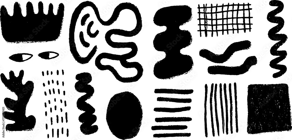 Aufkleber abstract set of blob shapes and warped dots with grunge texture for artistic design