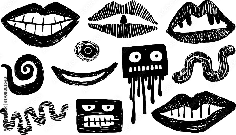 Poster abstract collection of melting and spiral lips with unique expressions - design for creative art pro