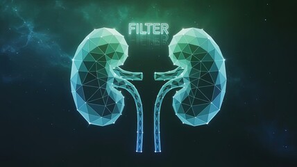 Filter of Life: A dynamic digital depiction showcasing the kidney as a vital filter, a mesmerizing blend of science and design in a photorealistic visualization.