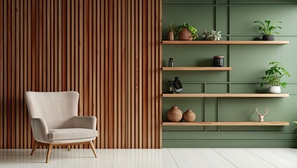 Modern minimalist room with wooden paneling and green accents