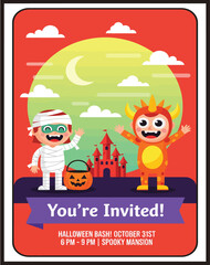 Fototapeta premium Kids halloween party invitation with cute costumed characters vector