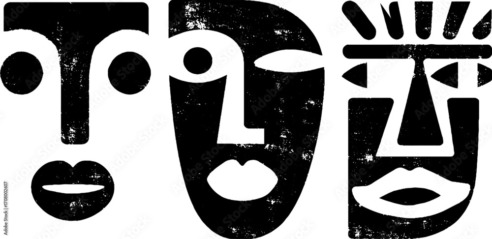 Poster bold abstract faces with geometric features and textured style for modern art design