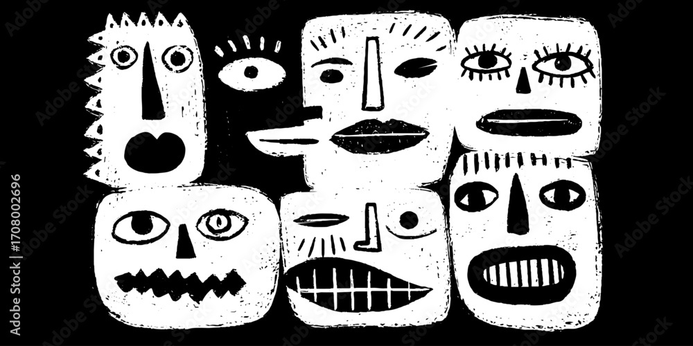 Poster abstract fragmented faces with expressive features for contemporary design