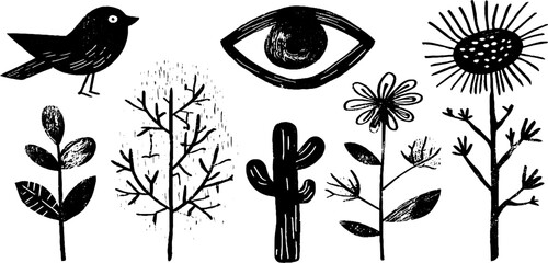 Botanical dreams collection: moon, sun, leaves, flowers, and bird silhouettes for creative design