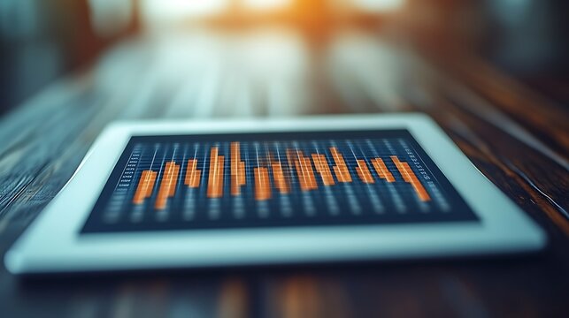 A tablet displaying financial charts on a wooden table.  Orange bar graphs are visible.  Blurred background