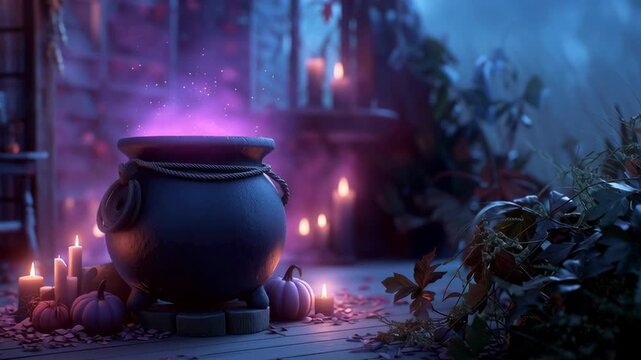 Witch's old cauldron filled with boiling potion with burning candles and pumpkins in purple. Mysterious, magical atmosphere of Halloween