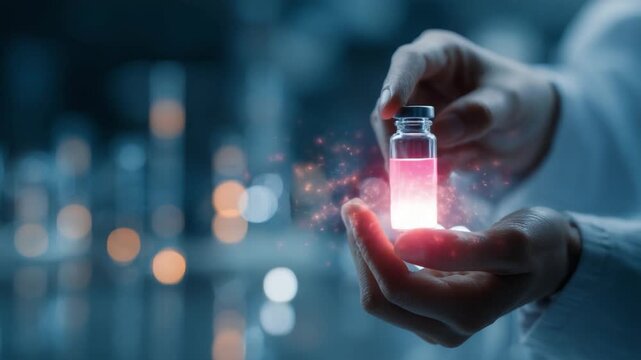 The Essence of Discovery: A researcher delicately holds a vial of luminescent fluid in their hands, a symbol of scientific innovation and groundbreaking research in a cutting-edge laboratory setting.