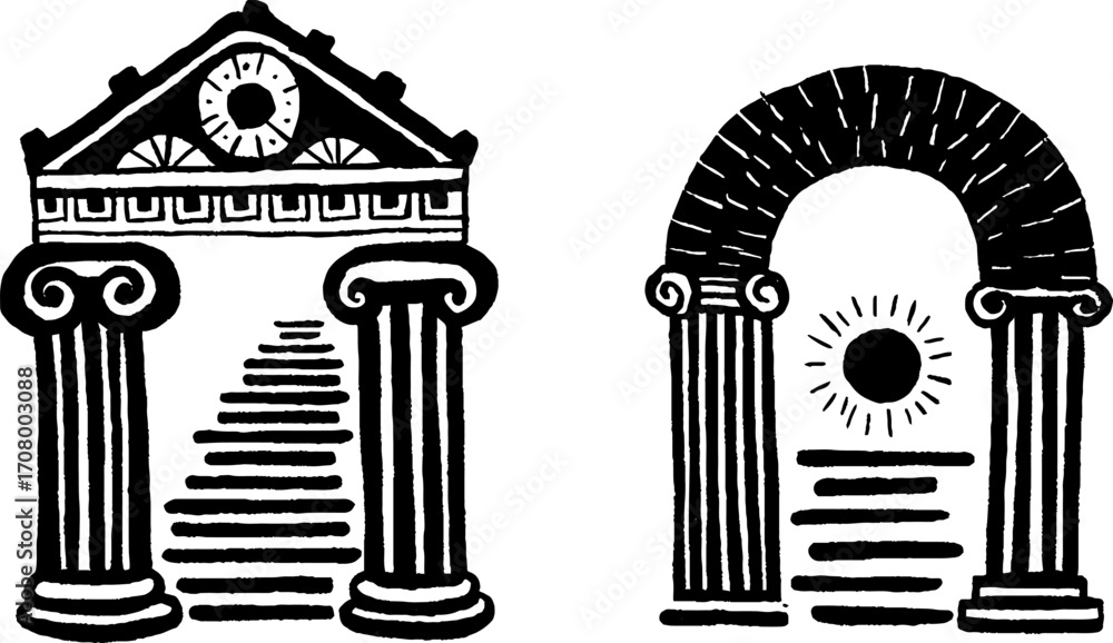 Poster classical greek architecture elements with columns and arches for design projects