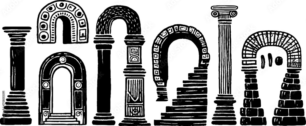 Poster ancient architectural columns and arches collection for classical design projects