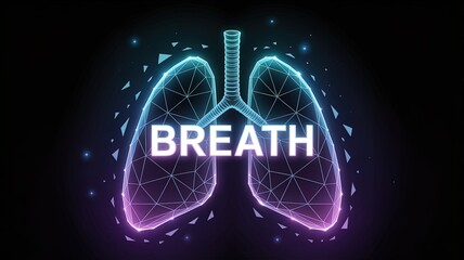Breathe of life: A stylized graphic visualization of the human lungs is illuminated with neon light on dark background, featuring the word breath in the center.
