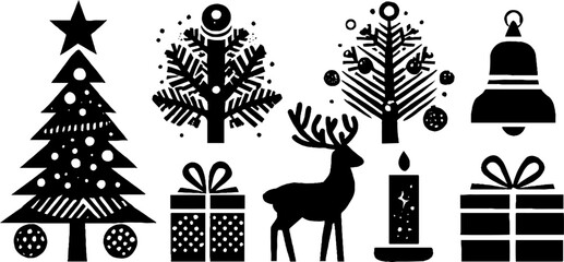 Naklejka premium Festive christmas set with tree, star, reindeer, bell, gifts, and candle - holiday decoration design